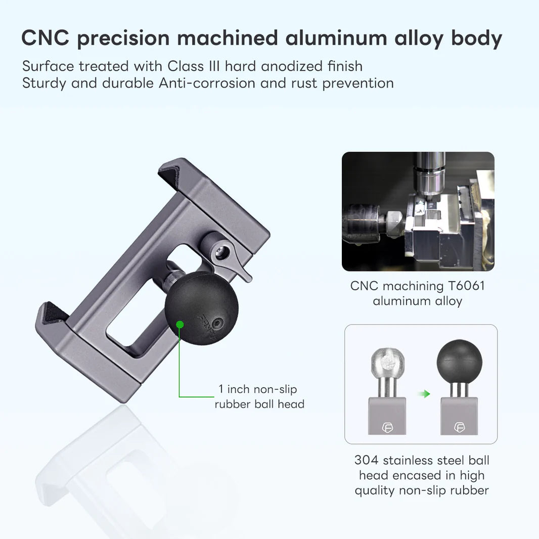 FANAUE Aluminum Phone Holder with 17, 20 , 1 " Ball Head Adapter for 6-8.5" Smartphone - Trailborn Equipment