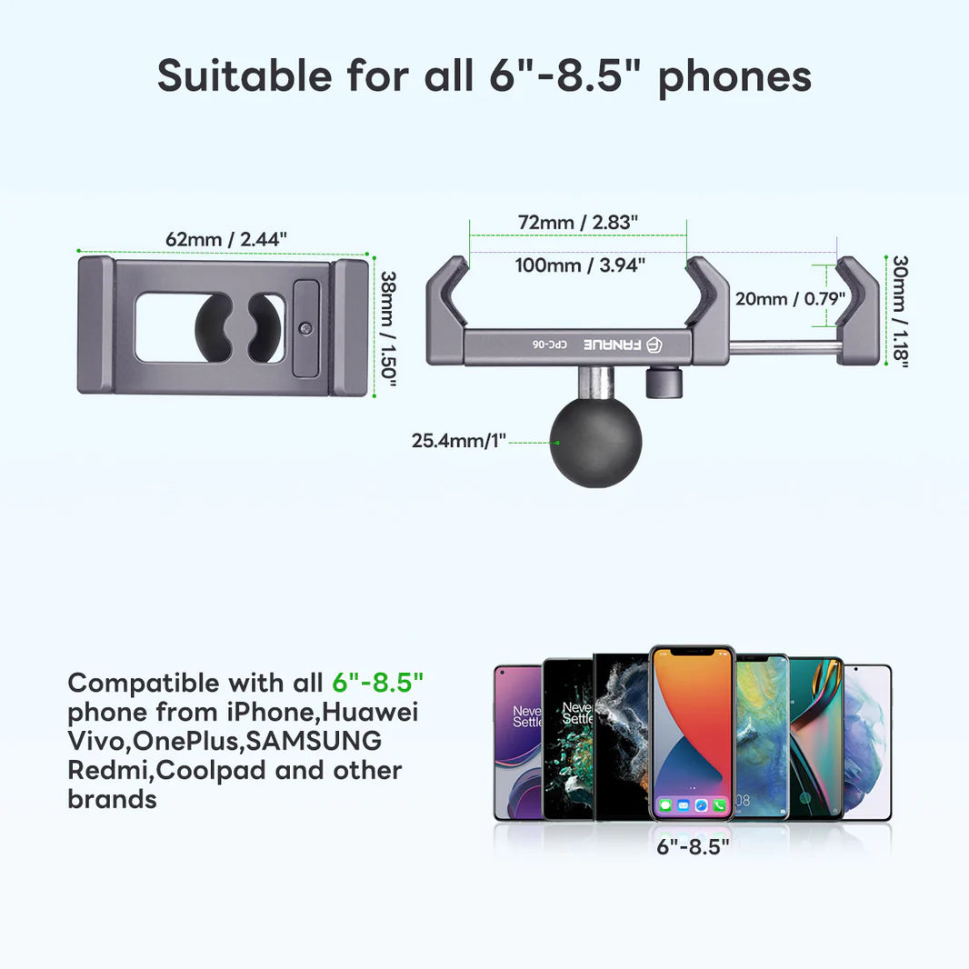 FANAUE Aluminum Phone Holder with 17, 20 , 1 " Ball Head Adapter for 6-8.5" Smartphone - Trailborn Equipment