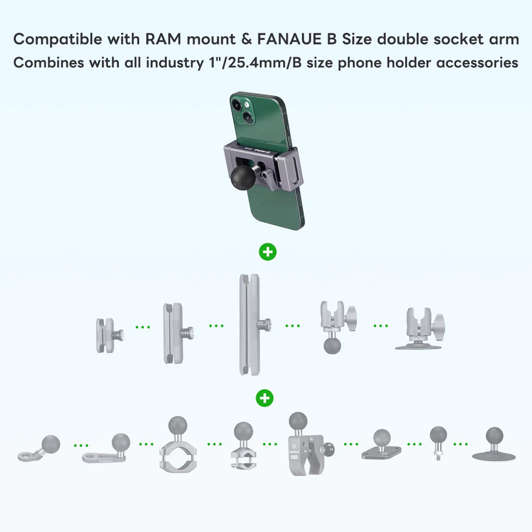 FANAUE Aluminum Phone Holder with 17, 20 , 1 " Ball Head Adapter for 6-8.5" Smartphone - Trailborn Equipment