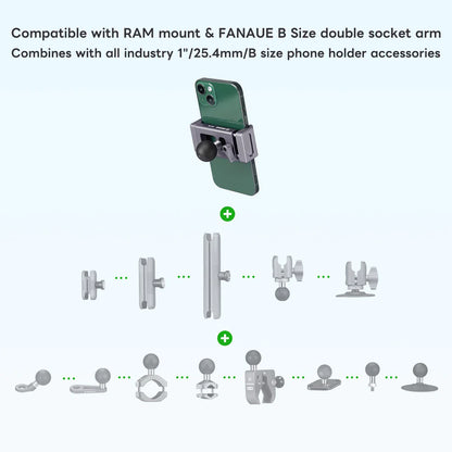 FANAUE Aluminum Phone Holder with 17, 20 , 1 " Ball Head Adapter for 6-8.5" Smartphone - Trailborn Equipment