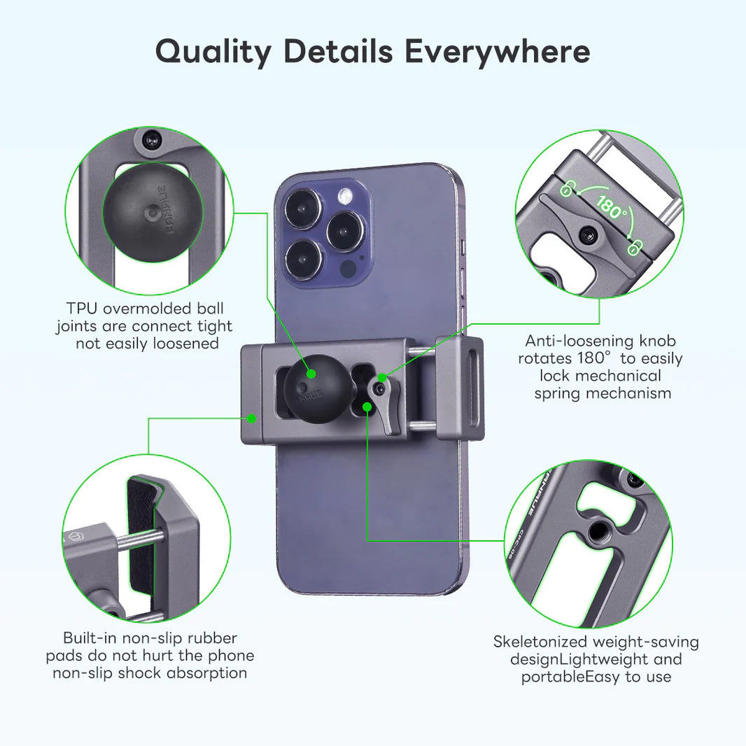 FANAUE Aluminum Phone Holder with 17, 20 , 1 " Ball Head Adapter for 6-8.5" Smartphone - Trailborn Equipment